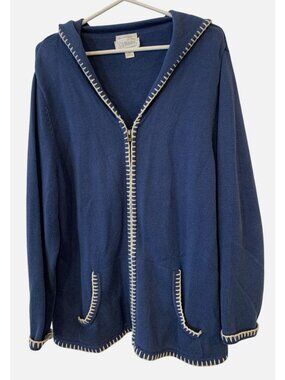 CJ Banks 1X Cotton Zip Cardigan Sweater Blue Blanket Stitch Coastal Cozy